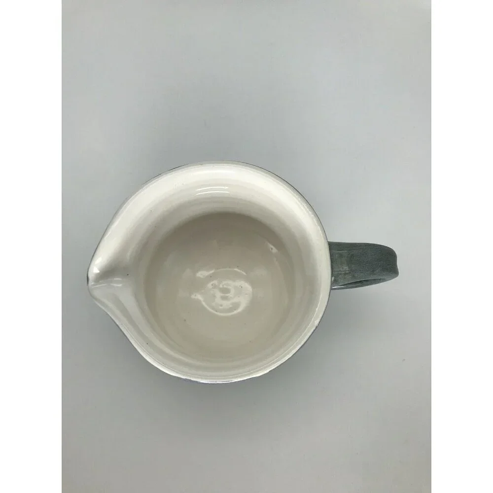 Art Pottery Large Creamer Blue Glaze Signed Dated Handle Ceramic Stoneware Gravy